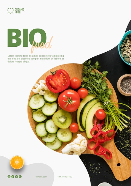 PSD modelo de panfleto de comida bio com foto