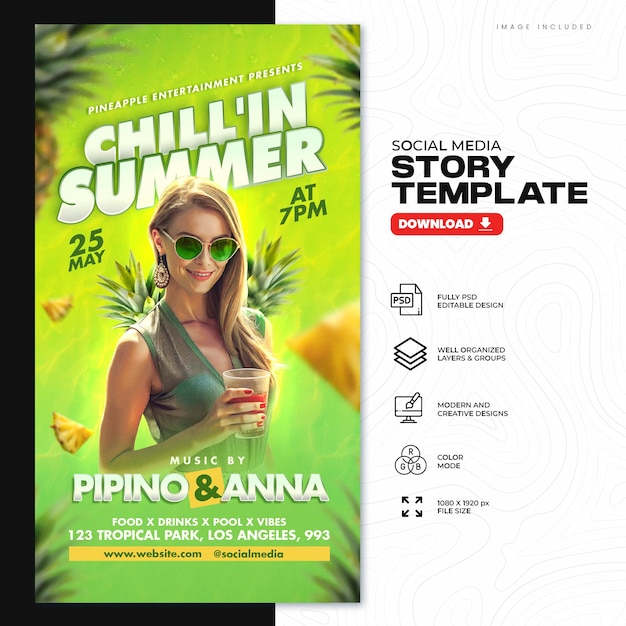 PSD modelo de panfleto de tamanho de história para mídia social festa de piscina de verão