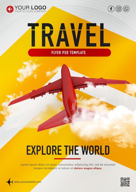 PSD modelo de panfleto de viagem com avião vermelho