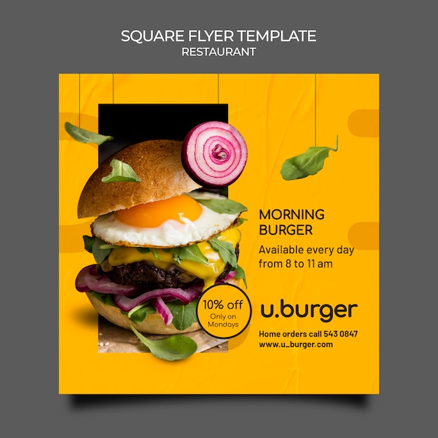 Modelo de panfleto quadrado de hambúrguer restaurante