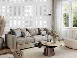 PSD modelo de papel de parede png gratuito no interior da sala de estar com sofá isolado em fundo transparente