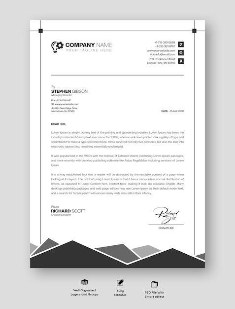 Modelo de papel timbrado empresarial e corporativo moderno