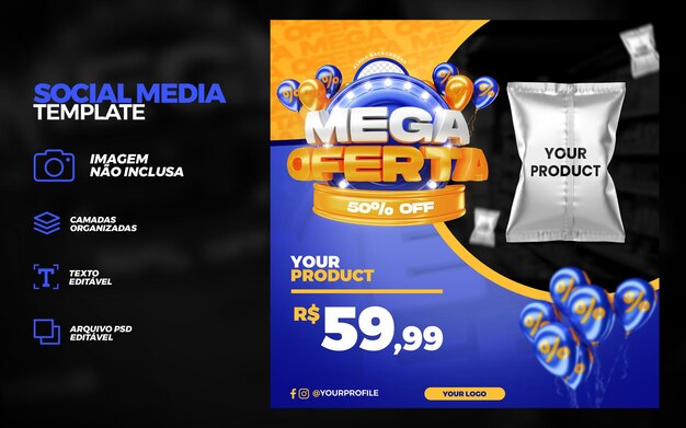 Modelo de pós-maquete de promoção de mídia social da blue mega