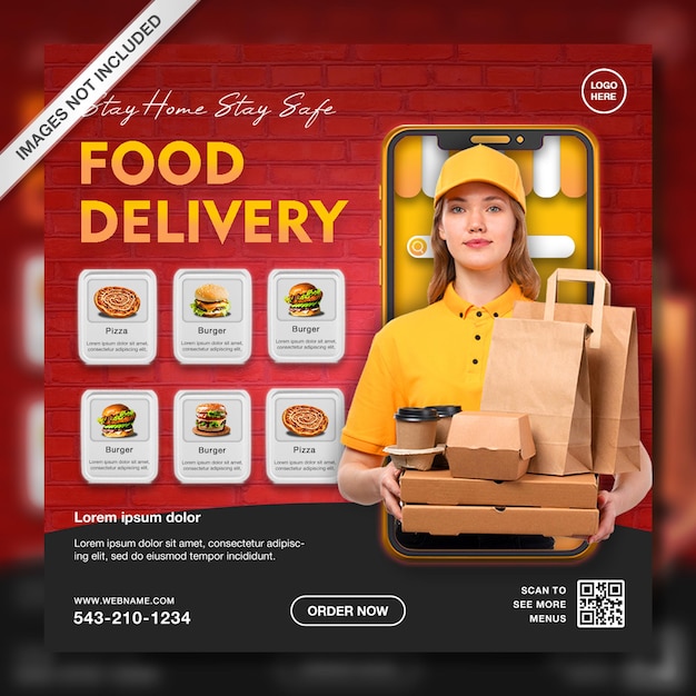 PSD modelo de post instagram para promoção de entrega de comida online criativa