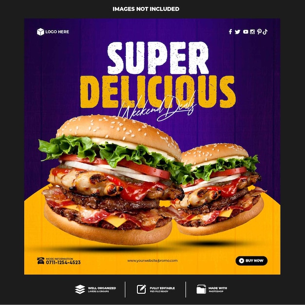 PSD modelo de postagem de banner de mídia social de hambúrguer delicioso especial