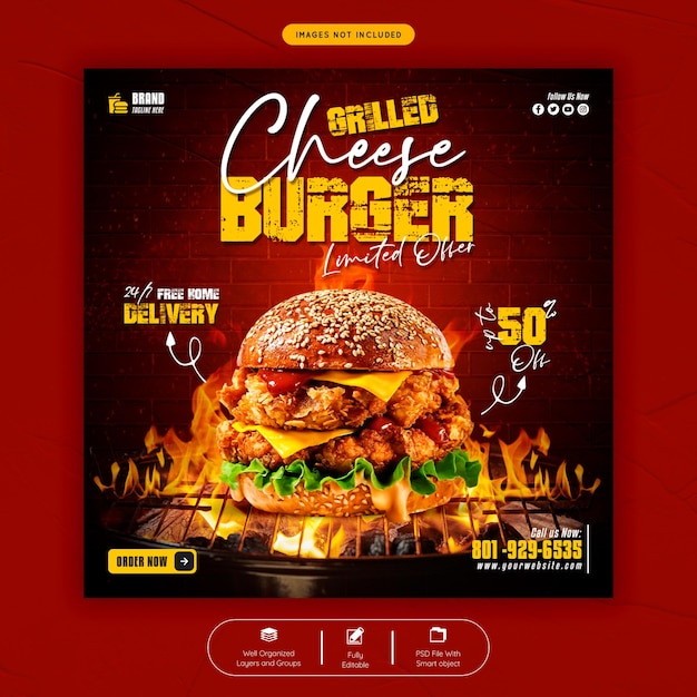 Modelo de postagem de banner de mídia social de menu de hambúrguer e comida delicioso