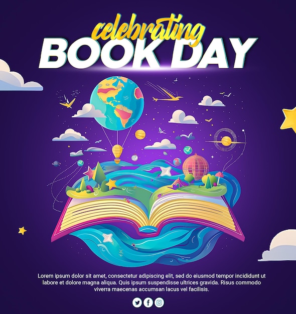 Modelo de postagem de celebração de mídia social do Dia do Livro do PSD com livro de texto editável e ilustração de globo