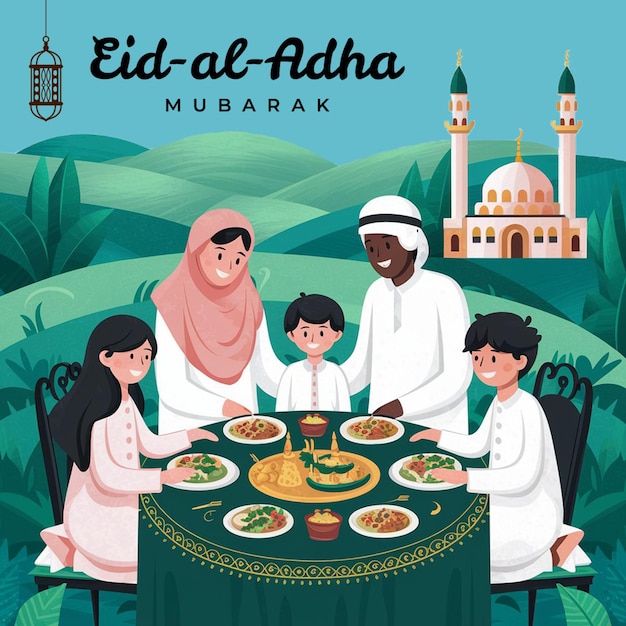 Modelo de postagem de Eid al Adha com uma mesquita ao fundo