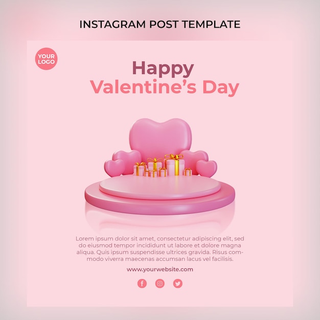 Modelo de postagem de instagram de pódio de dia dos namorados rosa 3d psd premium