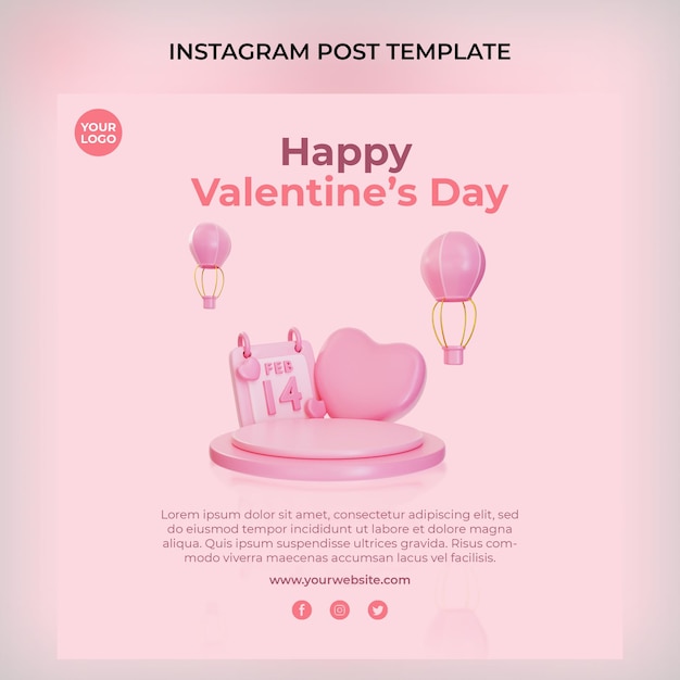 Modelo de postagem de instagram de pódio de dia dos namorados rosa 3d psd premium