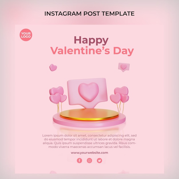 Modelo de postagem de instagram de pódio de dia dos namorados rosa 3d psd premium