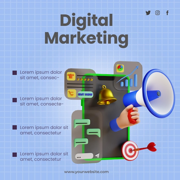 Modelo de postagem de marketing digital com ilustração 3d