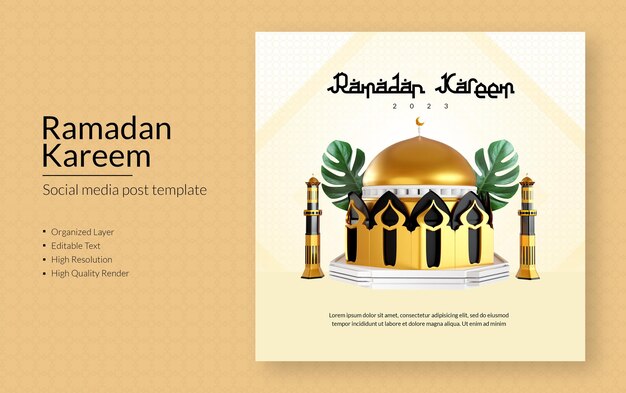 Modelo de postagem de mídia social 3d islâmico do Ramadã Kareem