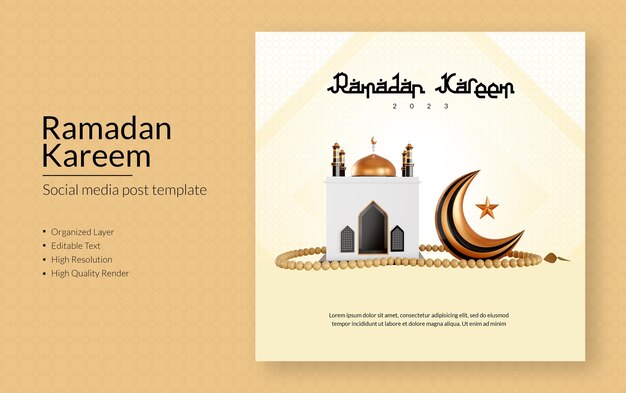 PSD modelo de postagem de mídia social 3d islâmico do ramadã kareem