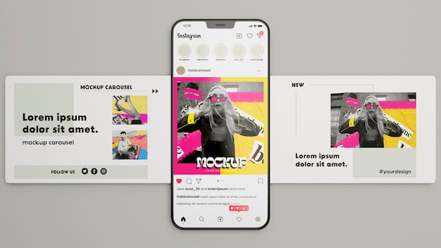 Modelo de postagem de mídia social com dispositivo de smartphone