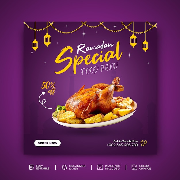 Modelo de postagem de mídia social de menu de comida especial do ramadan kareem psd