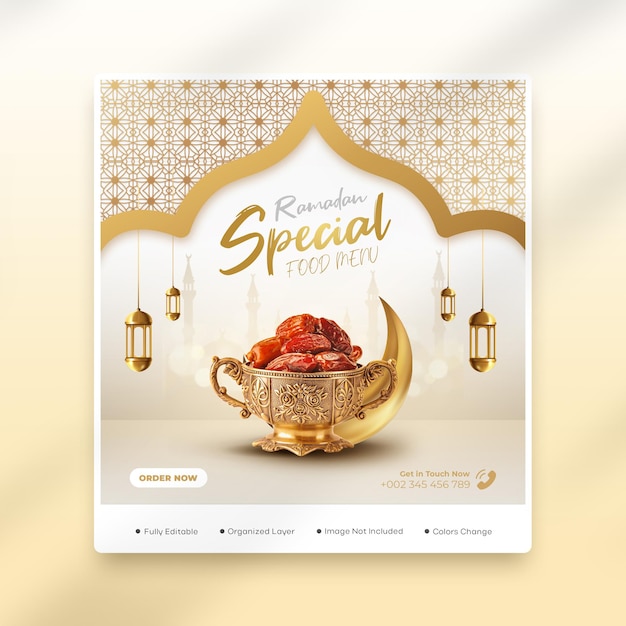 PSD modelo de postagem de mídia social de menu de comida especial do ramadan kareem psd