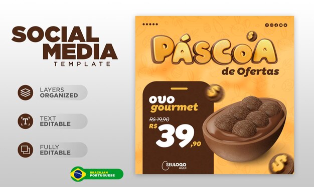 PSD modelo de postagem de mídia social de ofertas de páscoa em português para campanha brasileira