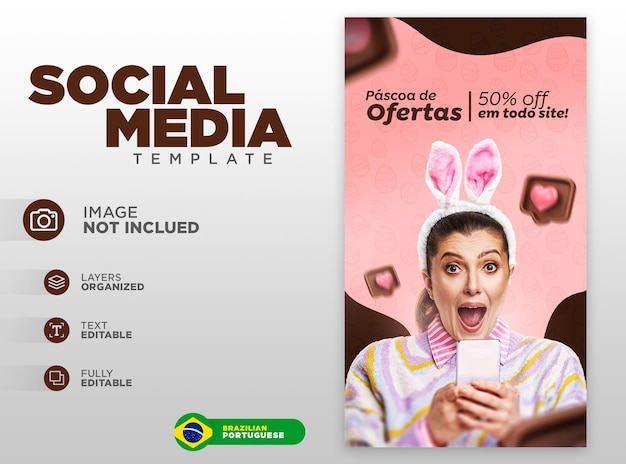 PSD modelo de postagem de mídia social de ofertas de páscoa em português para campanha brasileira