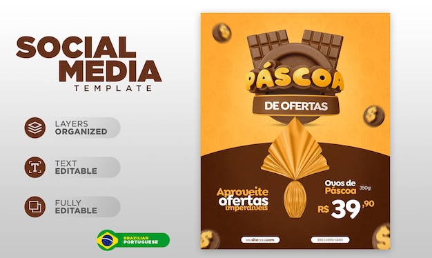 Modelo de postagem de mídia social de ofertas de Páscoa em português para campanha brasileira
