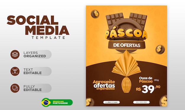 Modelo de postagem de mídia social de ofertas de páscoa em português para campanha brasileira