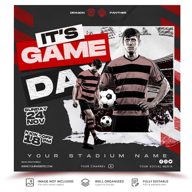 Modelo de postagem de mídia social de programação de jogos de futebol para promoção de eventos