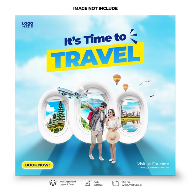 PSD modelo de postagem de mídia social de promoção criativa de viagens