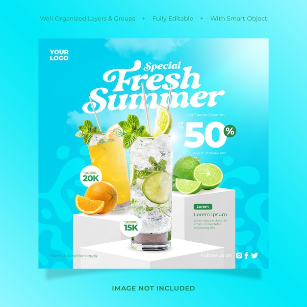 PSD modelo de postagem de mídia social de promoção de bebida especial de verão