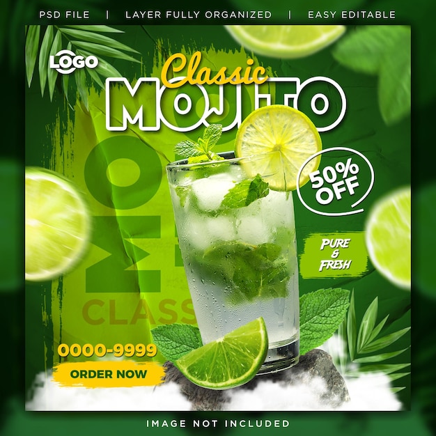 PSD modelo de postagem de mídia social de promoção de menu de bebidas tropicais