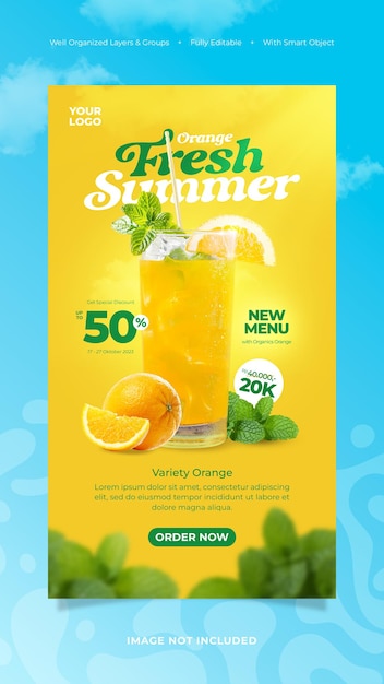 Modelo de postagem de mídia social de promoção de suco de laranja