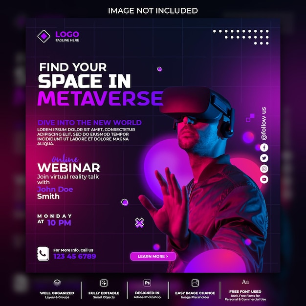 PSD modelo de postagem de mídia social de promoção de webinar online metaverse