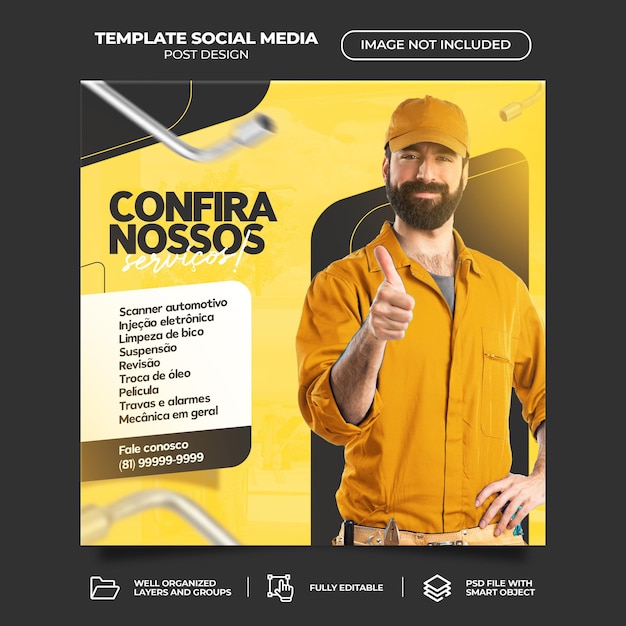 Modelo de postagem de mídia social de reparo de carro PSD modelo de banner instagram português brasileiro