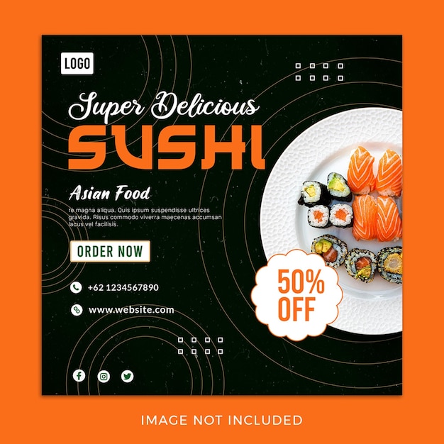 Modelo de postagem de mídia social de sushi japonês de comida asiática