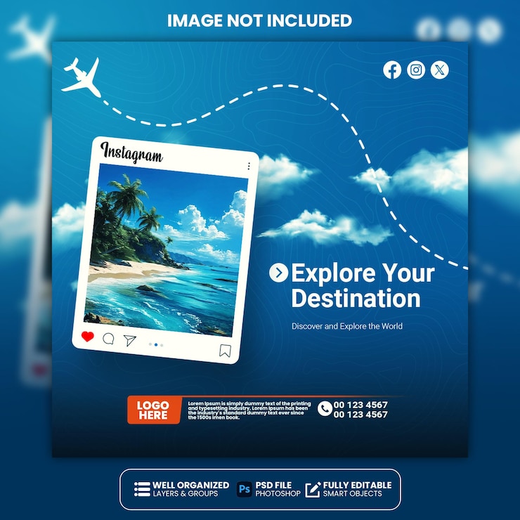 PSD modelo de postagem de mídia social de viagem e turismo premium