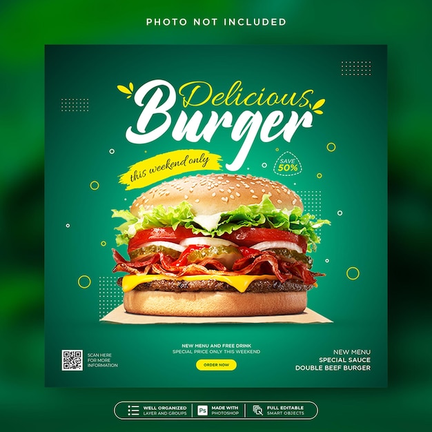 Modelo de postagem de mídia social do delicious burger food menu