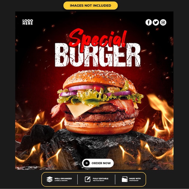 PSD modelo de postagem de mídia social do delicious burger