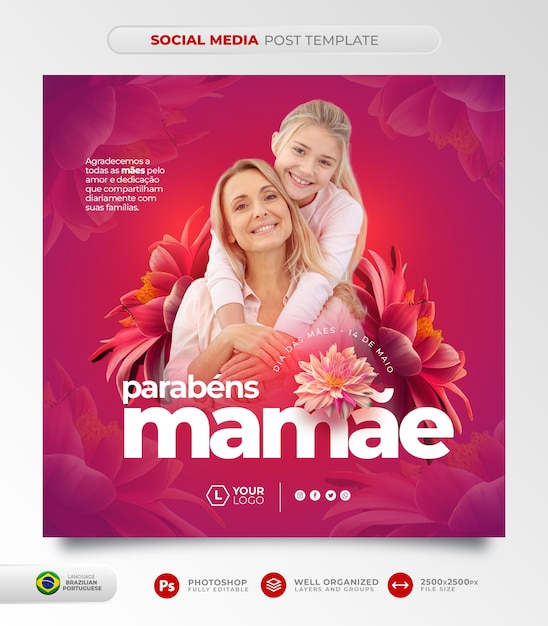 Modelo de postagem de mídia social do dia das mães brasileiras em português para campanha de marketing