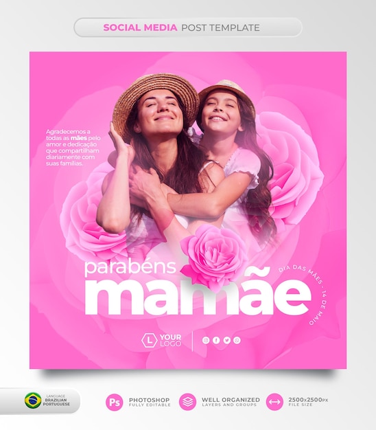 Modelo de postagem de mídia social do dia das mães brasileiras em português para campanha de marketing
