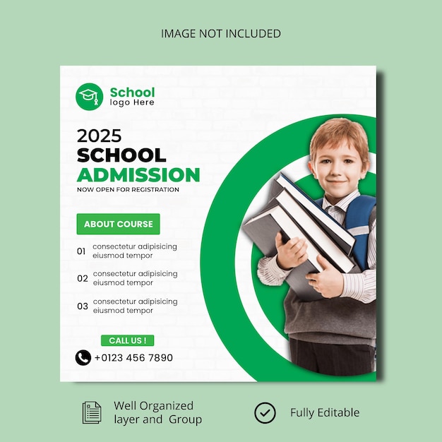 Modelo de postagem de mídia social e banner da web de admissão na escola