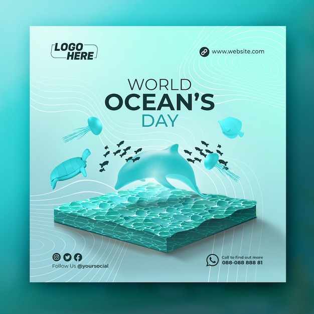 PSD modelo de postagem de mídia social e instagram do dia mundial dos oceanos