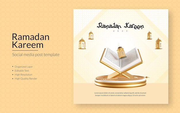 Modelo de postagem de mídia social para ramadan kareem com um livro sagrado do islã