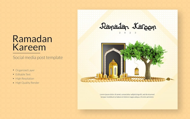 PSD modelo de postagem de mídia social para ramadan kareem com uma árvore e uma mesquita na parte inferior