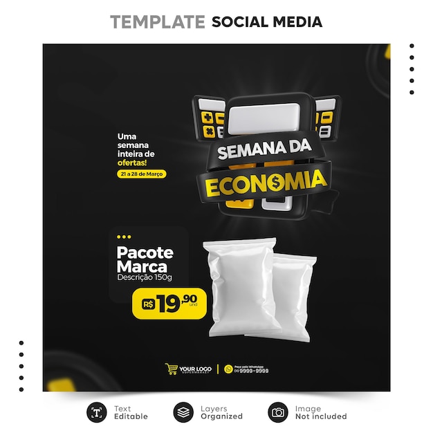 PSD modelo de postagem de mídia social semana da economia para campanha de marketing em português brasileiro