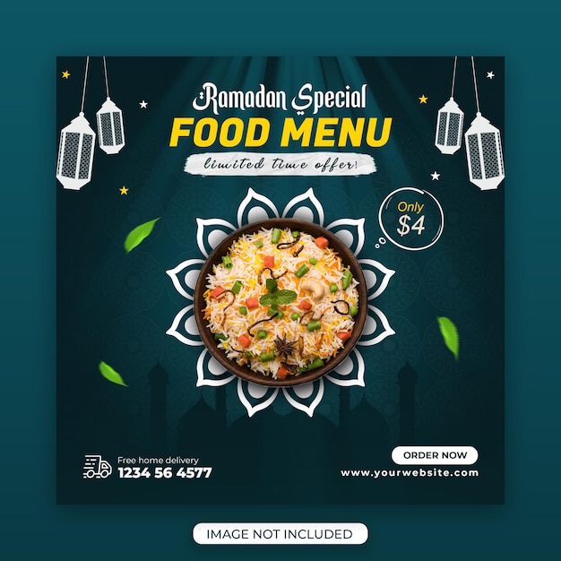 Modelo de postagem de promoção de mídia social de menu de restaurante especial do ramadã psd premium