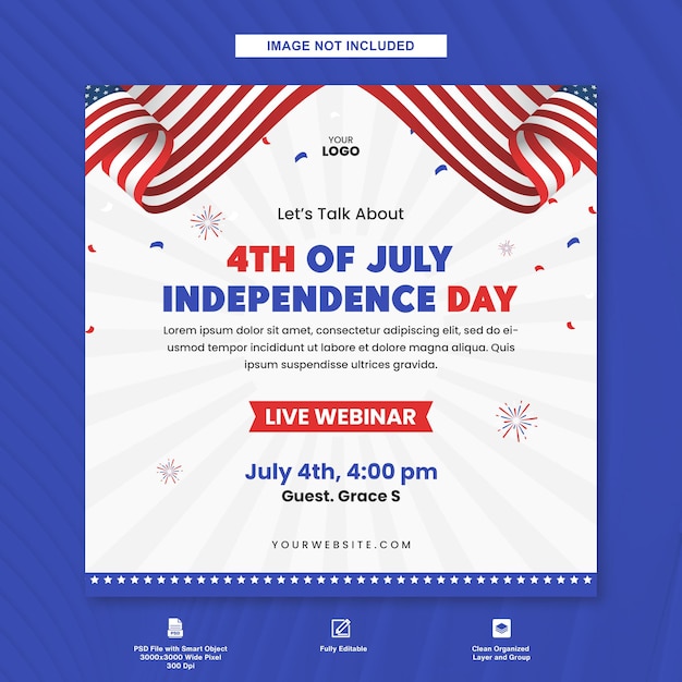 Modelo de postagem de webinar no Instagram para a celebração do feriado americano do 4 de julho