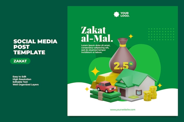 Modelo de postagem do instagram de mídia social Zakat mal com ilustração de renderização 3d
