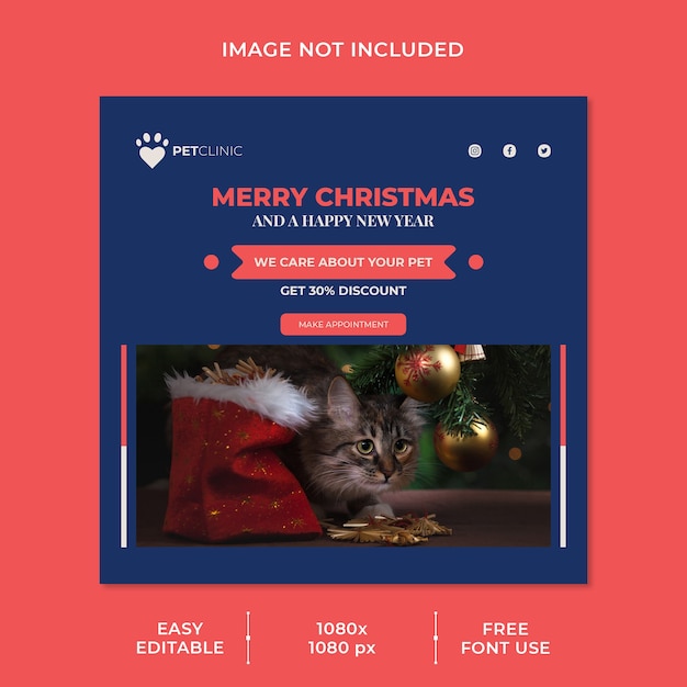 Modelo de postagem em mídia social de desconto para clínica de animais e natal