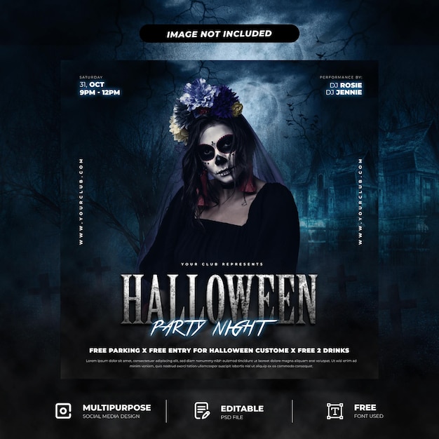 Modelo de postagem em mídia social para halloween horror night party flyer