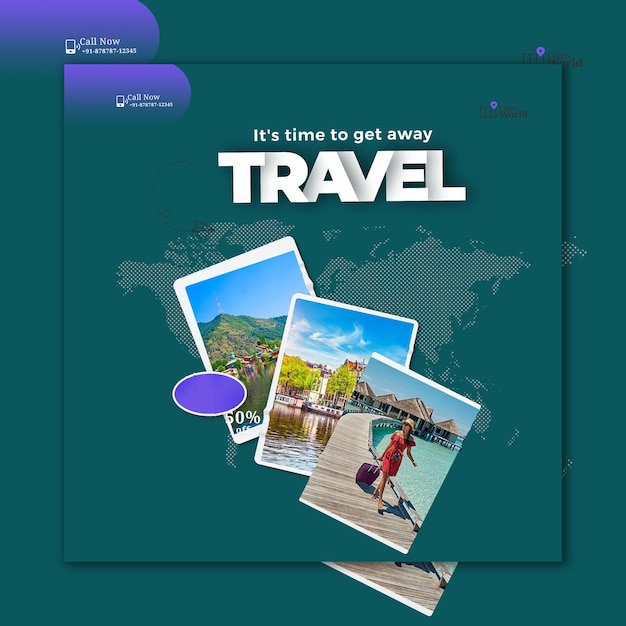 Modelo de postagem gratuito em mídia social para agência de viagens em psd
