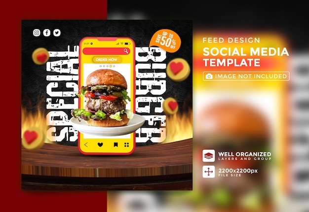 Modelo de postagem no instagram de mídia social com menu especial de hambúrguer e comida